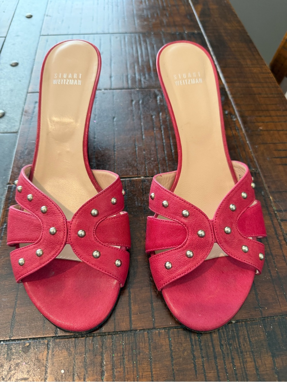 Stuart Weitzman Red Studded Suede Slide Mules